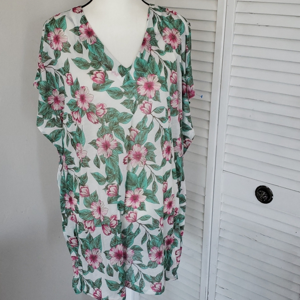 H&M Green/Pink Hibiscus Swimsuit Coverup, Size Medium